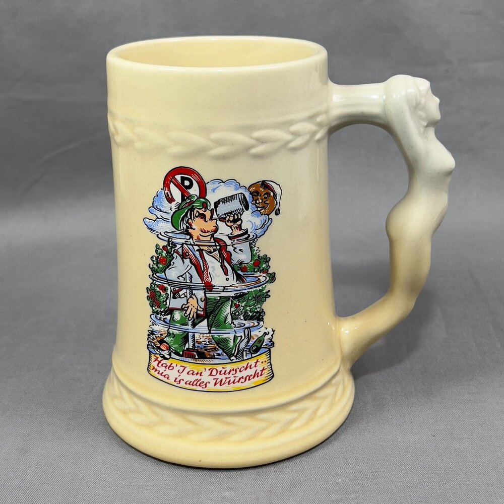 Vtg Starcrest Ware Oktoberfest Ceramic Beer Stein Mug Pin Up Girl Nude Woman USA